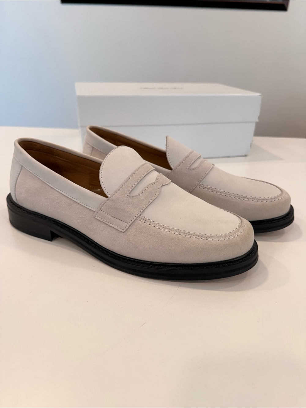 Aime Leon Dore Men's Suede Penny Loafers in Light Beige
